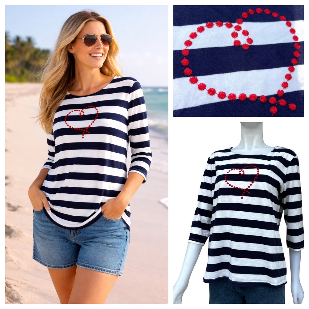 Coral‎ Bay XL Navy White Striped Boat Neck Tee Embroidered Heart Nautical Preppy
